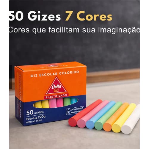 Giz Escolar Delta Plastificado Colorido Caixa Com 50 Unidades