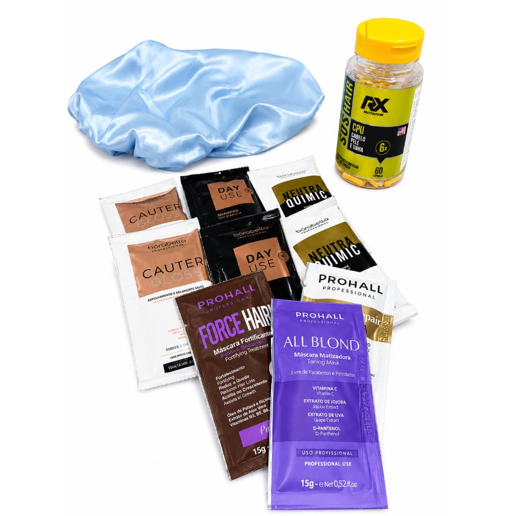 SOS HAIR CPU RX 60 CAPSULAS  + TOUCA DE CETIM + SACHES BORABELLA