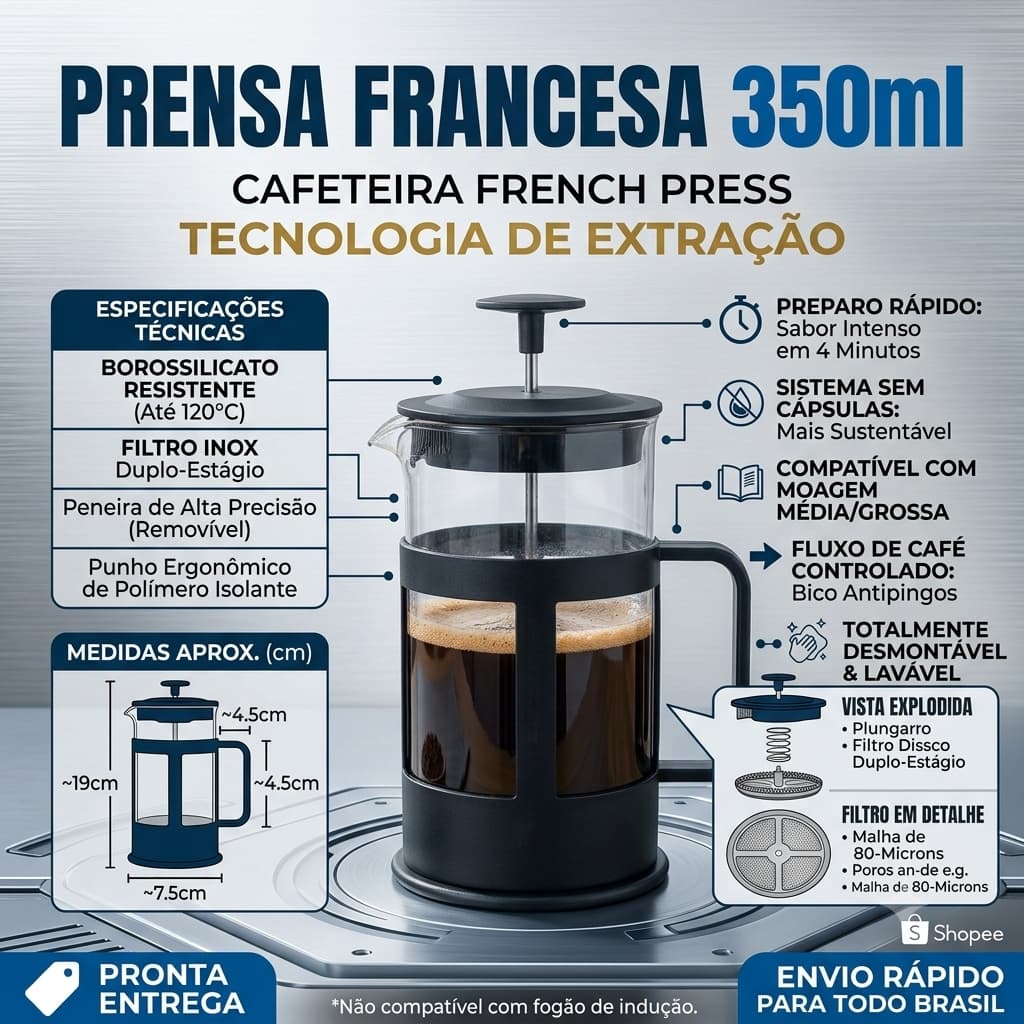 Prensa Francesa 350ml Cafeteira French Press Vidro Borossilicato Filtro Inox para Café e Chá