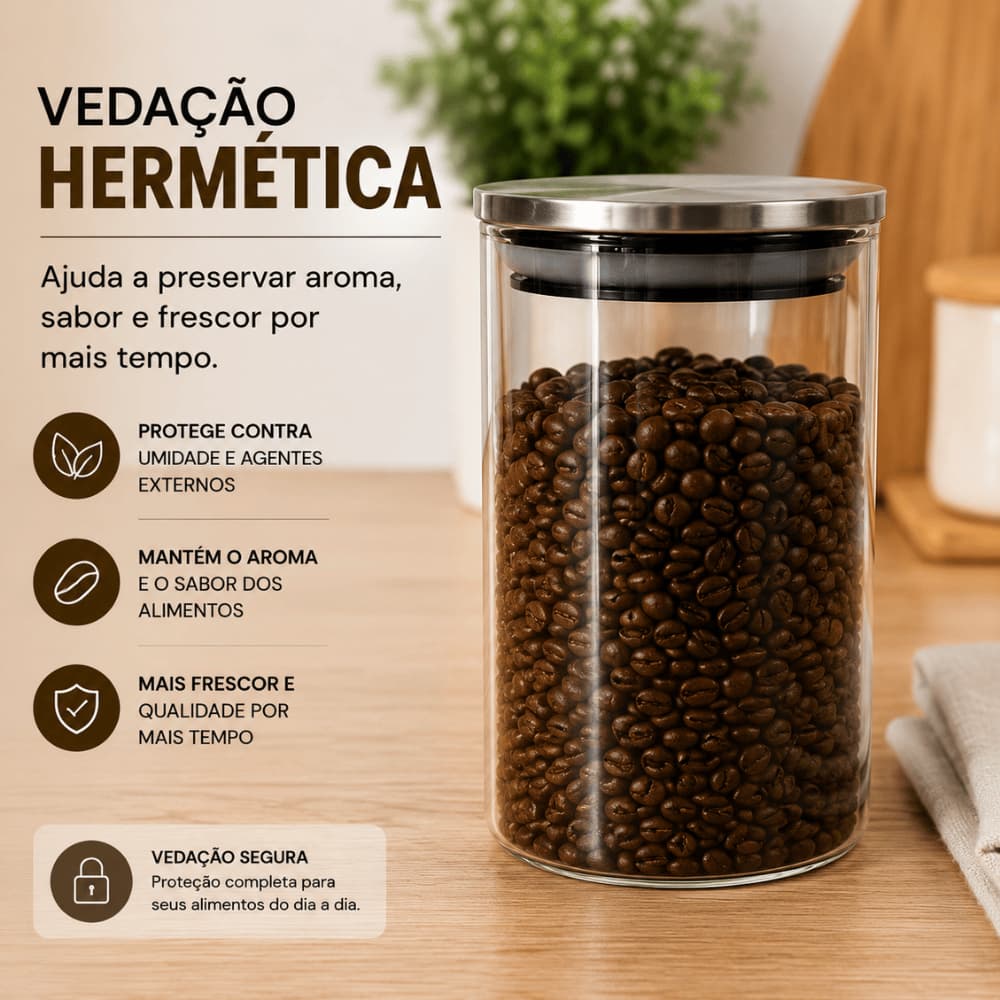 Kit 1 2 3 Pote De Vidro Com Tampa Inox 1,1L Organizador Mantimentos Café Açúcar Cozinha Lavanderia
