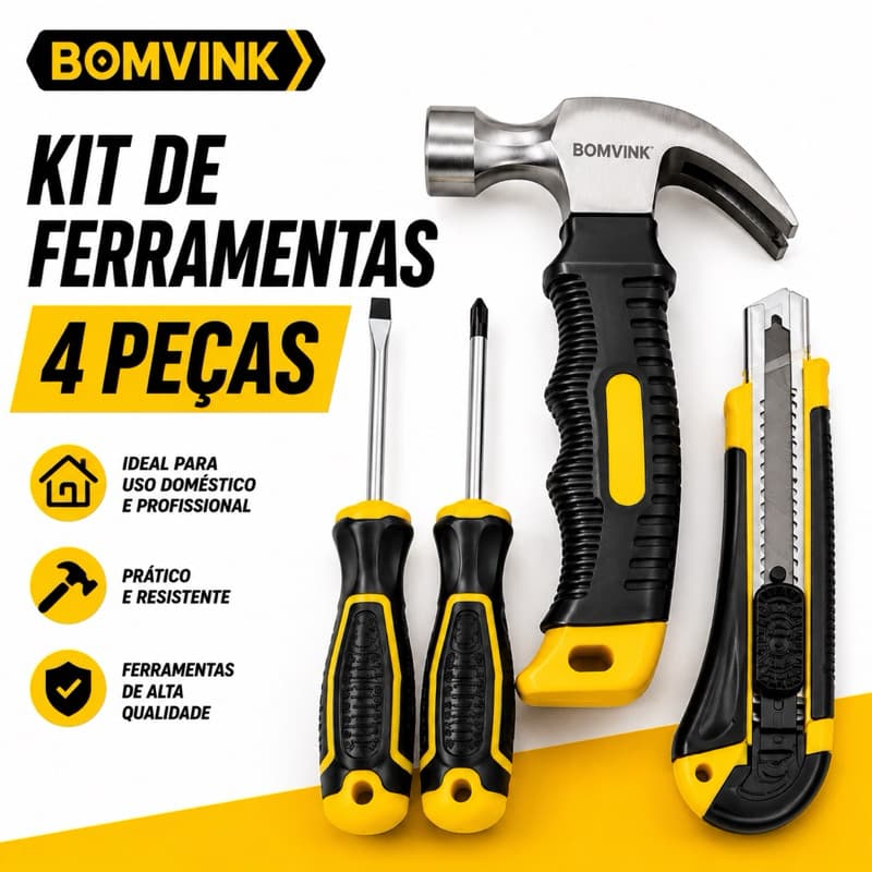 Kit Ferramentas 4 Peças Completo Doméstico com Martelo Chaves e Estilete Resistente