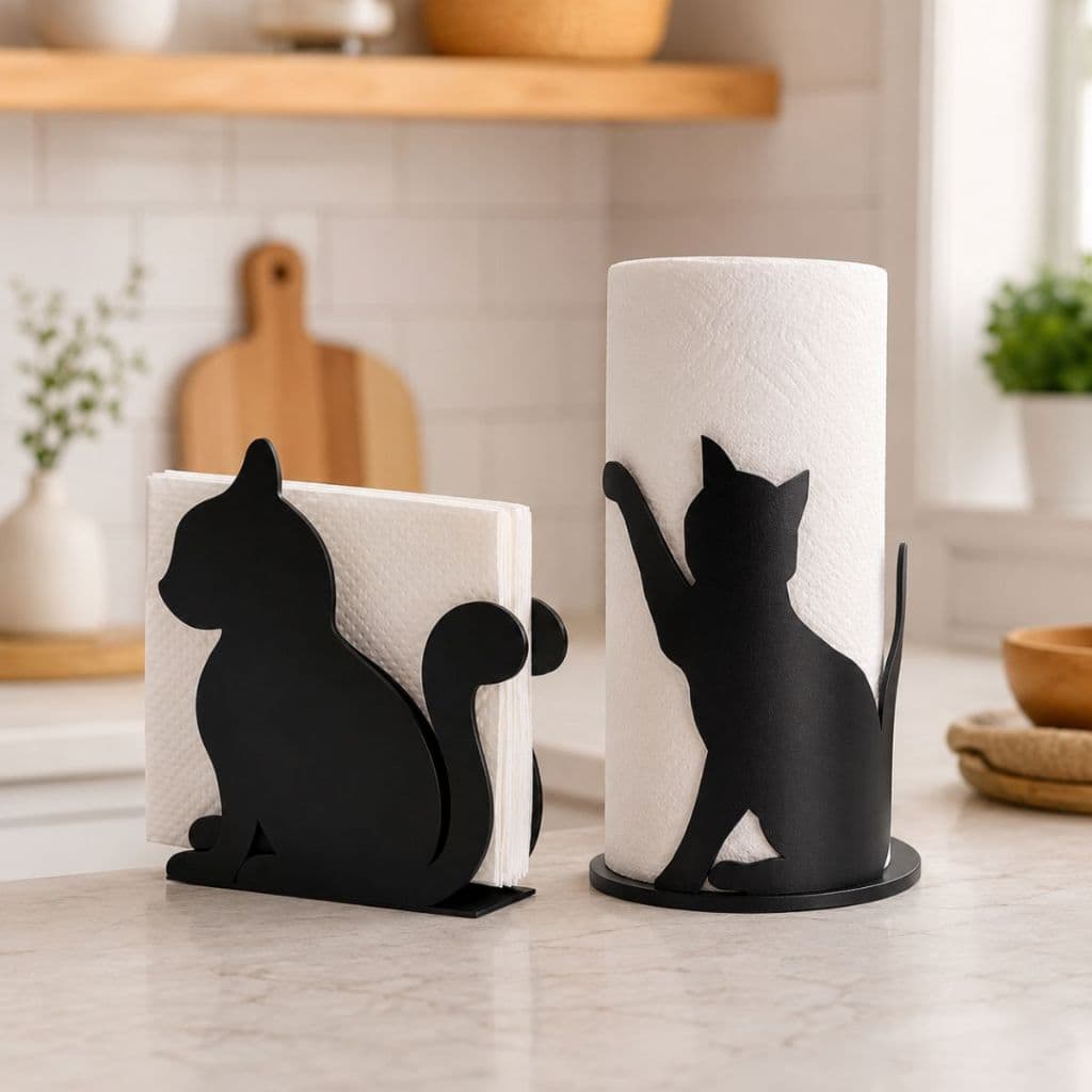 Kit Cozinha Gato MDF Porta Papel Toalha e Guardanapo
