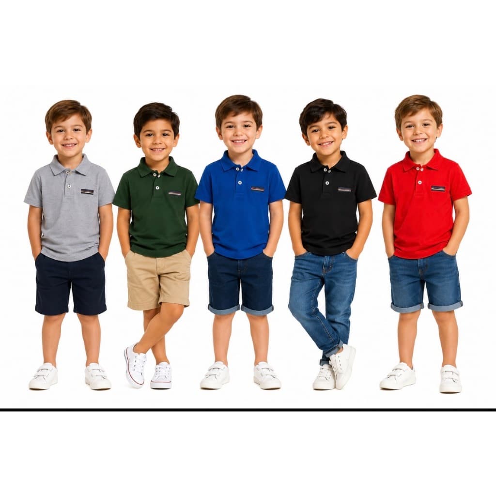 Kit 5 Polo Infantil Lisa Bordada Menino Algodão Manga Curta 2 ao 8 Bolso Falso