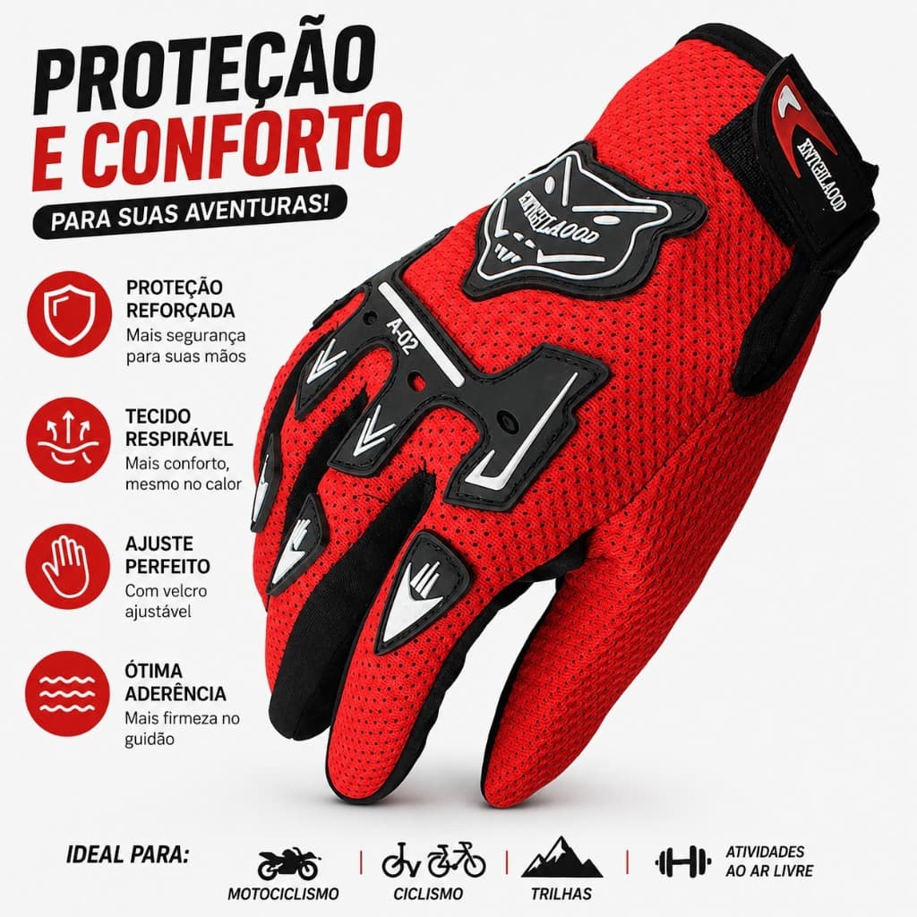 Luva para Moto Ciclismo Bike Trilha com Proteção Reforçada Antiderrapante Ajustável Unissex