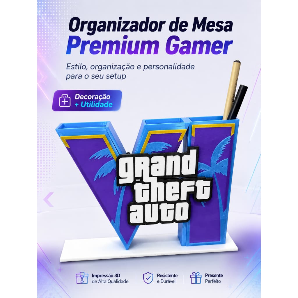Organizador de Mesa Gamer Estilo Jogo de Ação Porta Lápis Premium para Setup