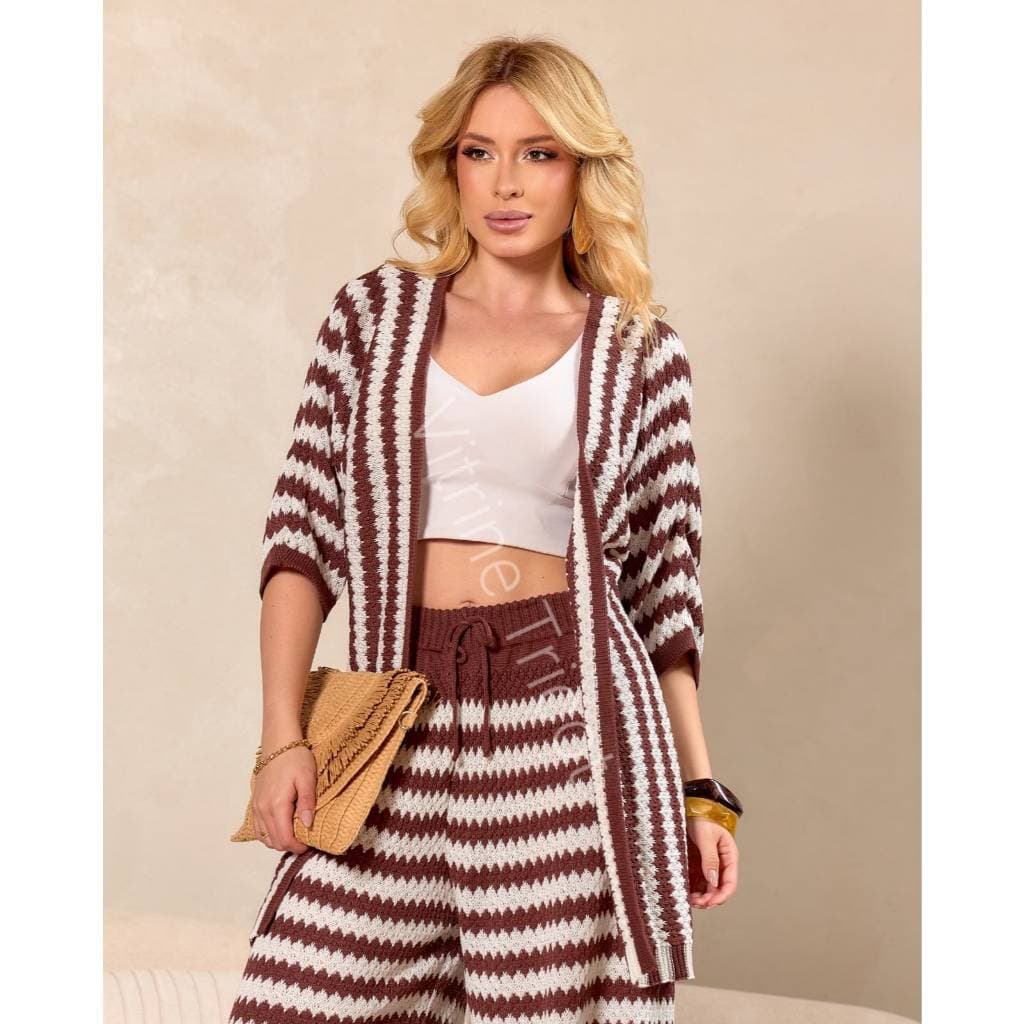 Conjunto Feminino Tricot Listrado Cardigan Calça Wide Roupa Feminina Casaco Feminino Elegante Manga 3/4