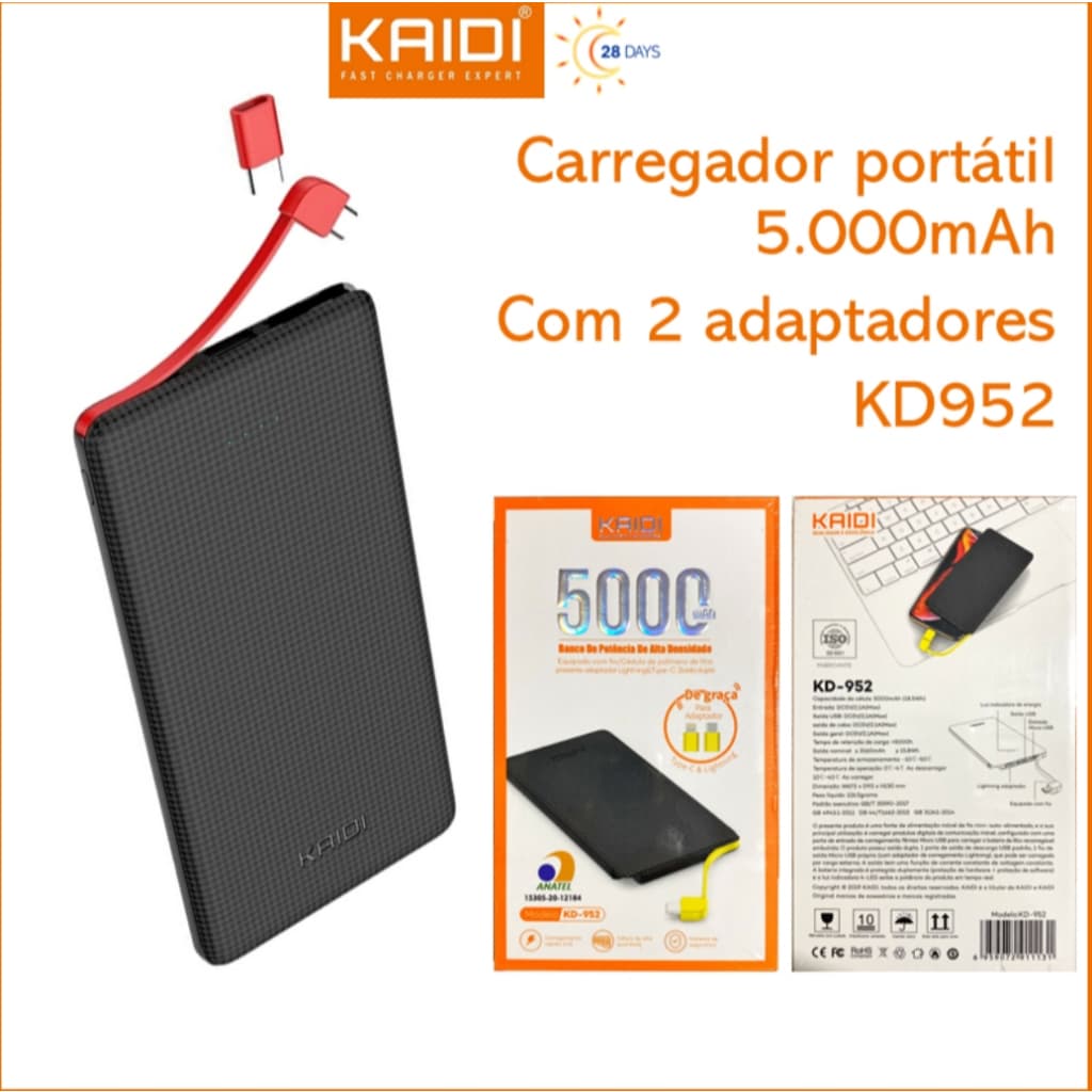 Power Bank 5.000mAh KD-952 Carregador Portátil Universal USB para Celular Android e iPhone