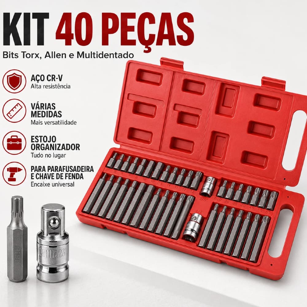 Kit 40 Peças Bits Torx, Allen e Multidentado CR-V | Várias Medidas com Estojo para Parafusadeira e Chave de Fenda