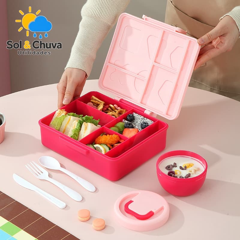 Caixa de refeição com compartimento grande, alça simples, frutas, salada, lanches, lanche da manhã e refeição, com tampa