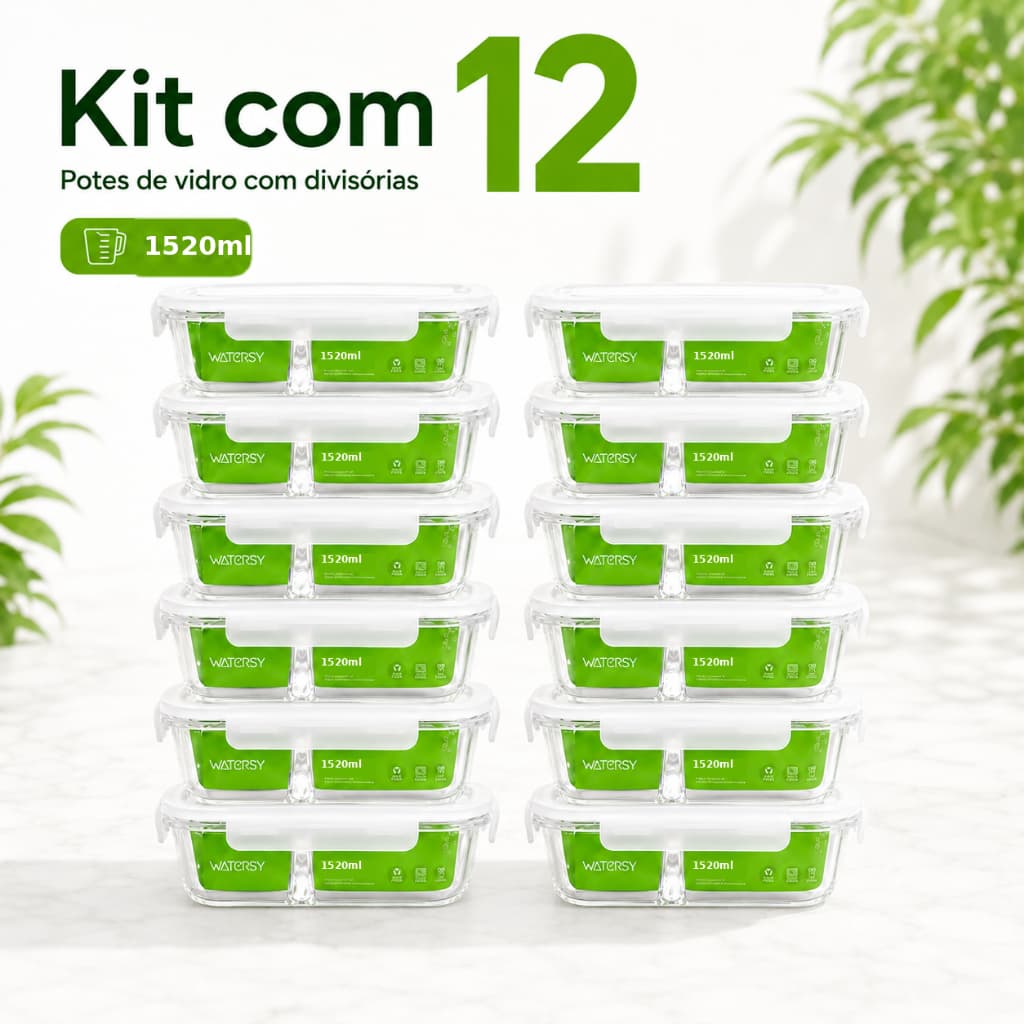 Watersy 12 Kit Potes Herméticos de Vidro com Divisórias 1520ml 4 6 10 ou 12 Peças