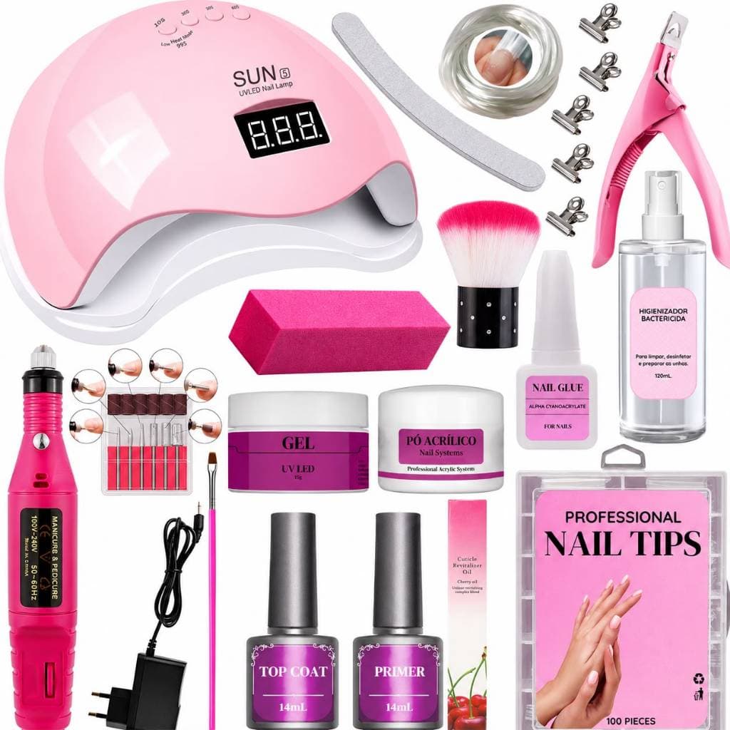 kit Unhas em Gel para Manicure Alongamento Iniciante Cabine Lixadeira Elétrica Caneta