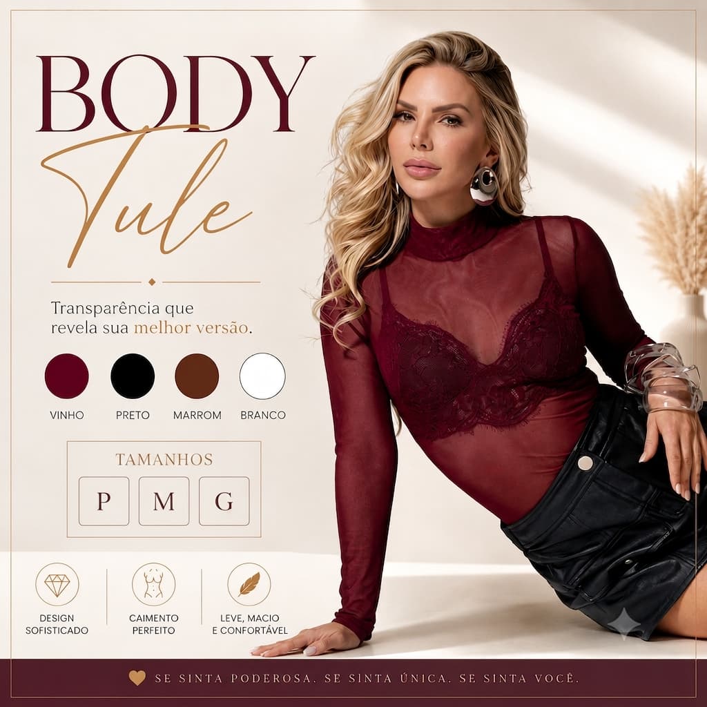 BODY Feminino Tule Manga Longa Transparente Gola Alta Modelagem Ajustada  Leve Para Festas  Eventos FEMININA Básico
