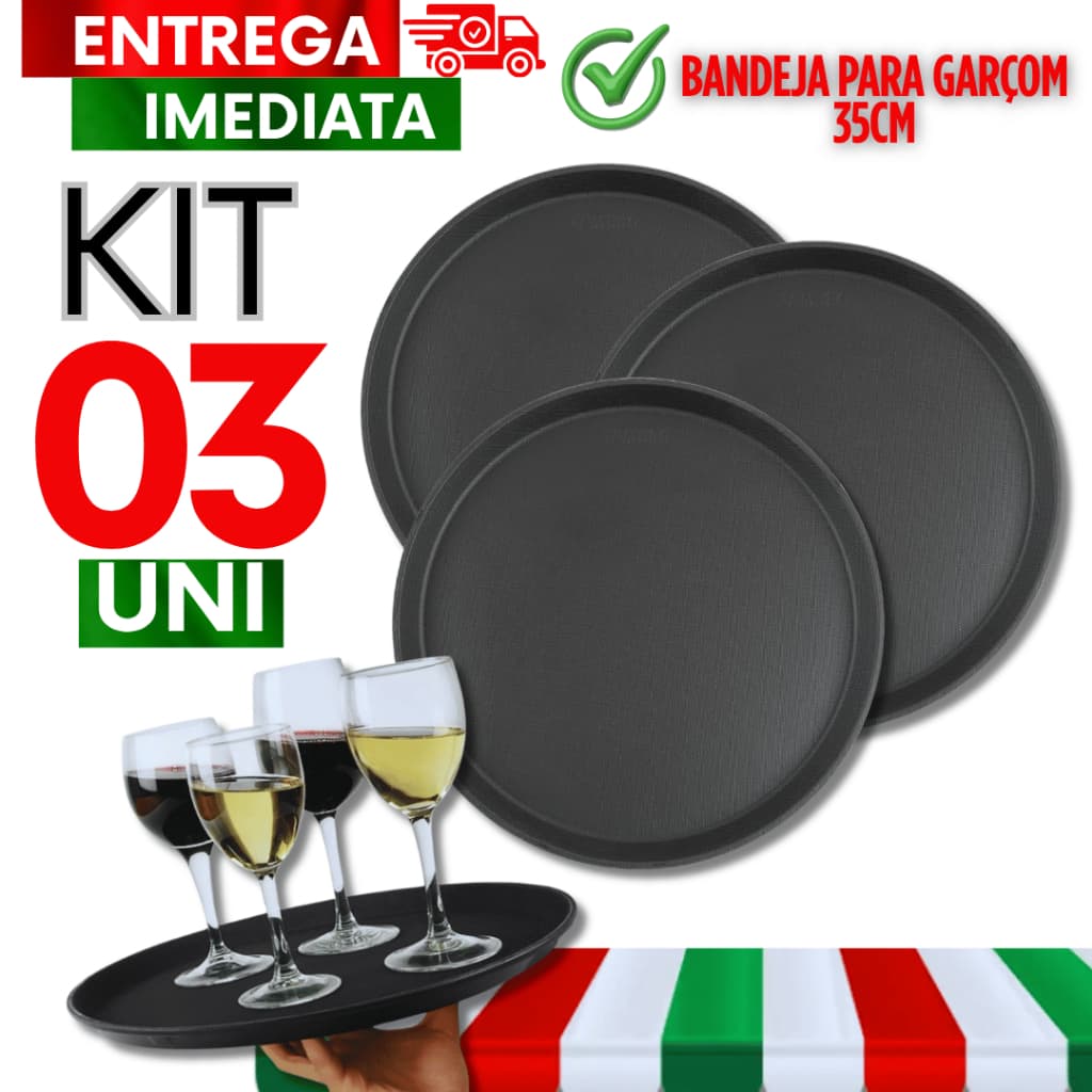 Kit Bandejas de 35cm Profissionais Garçom Antiderrapante Redonda Resistente Excelentes Qualidades