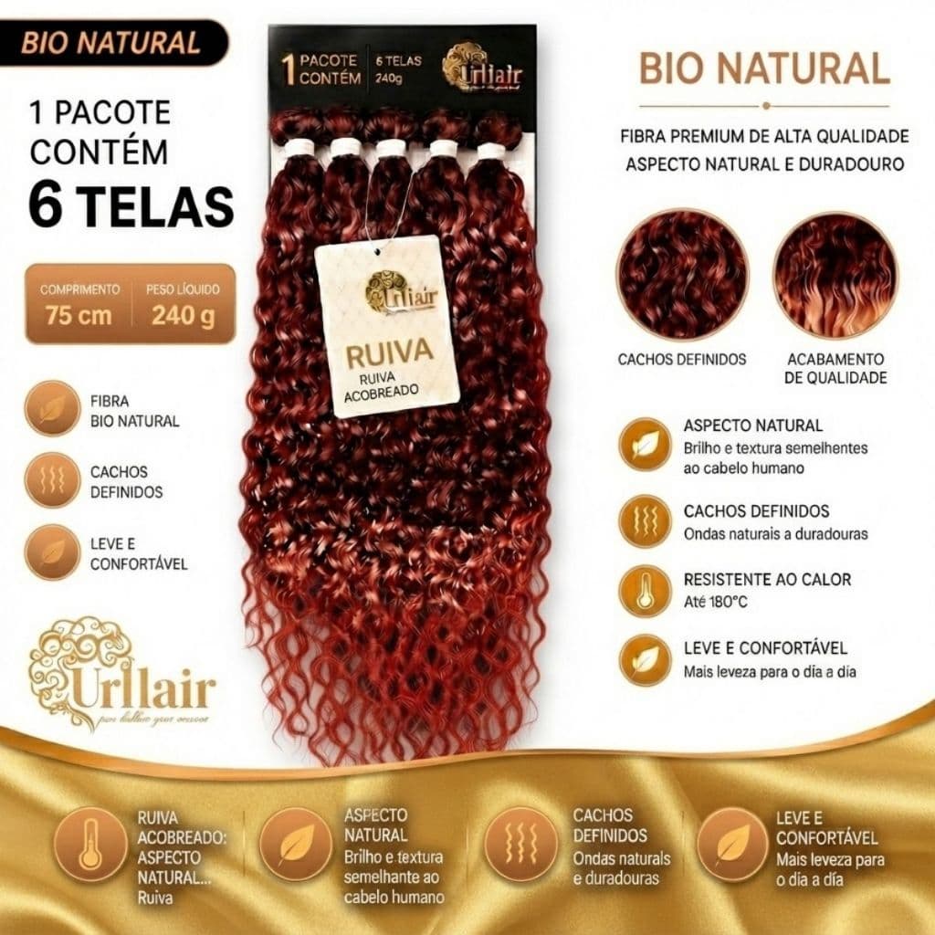 Cabelo Cacheado Entrelace Neptune 75cm Bio Fibra UrHair Aspecto Humano Ruiva
