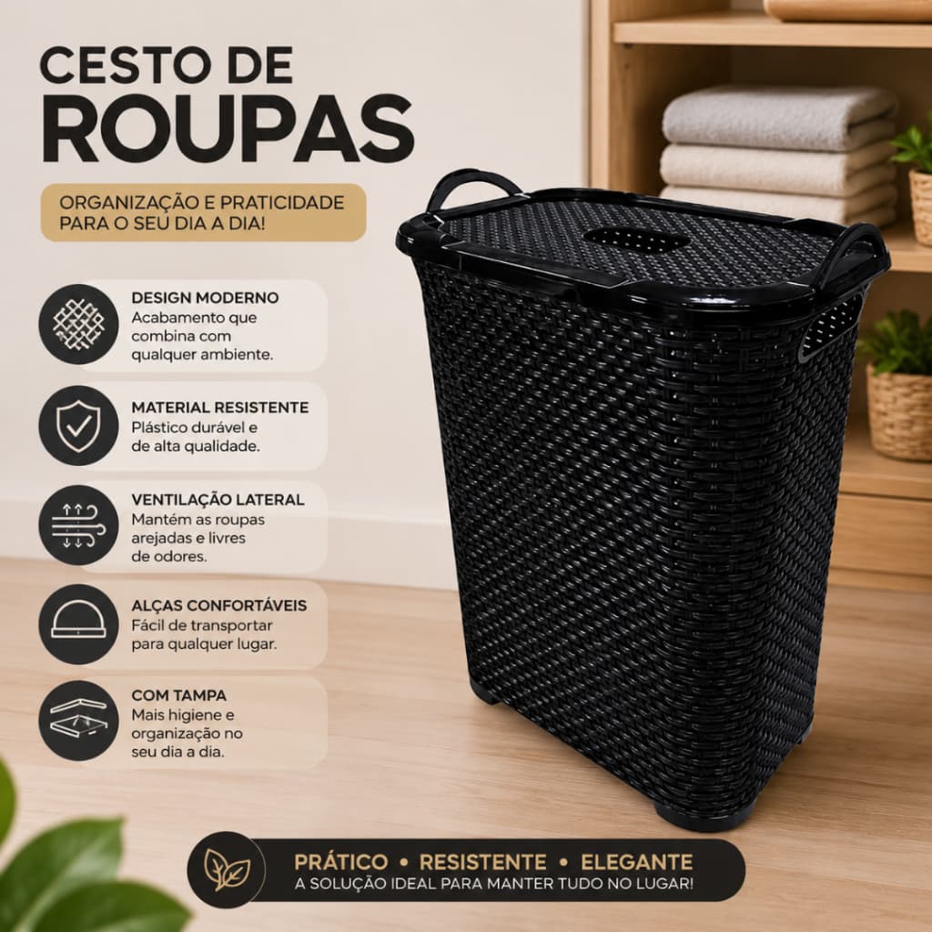 Cesto De Roupa Brinquedo Rattan 50L Tampa Basculante Preto Branco kit Jogo