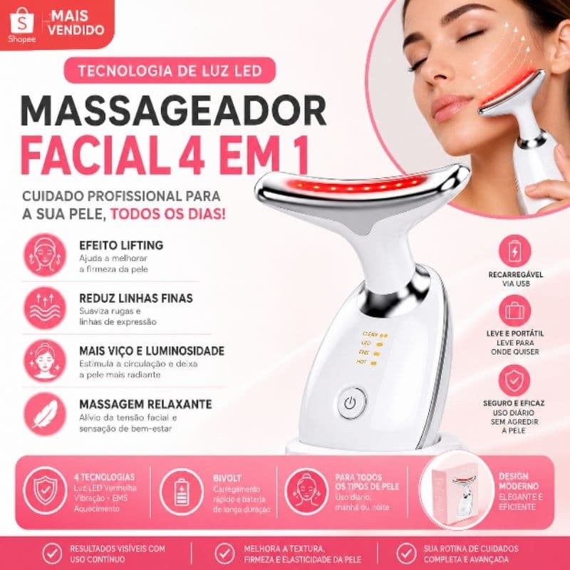 "Massageador Facial com Luz LED Bivolt Aparelho de Limpeza e Cuidado da Pele"