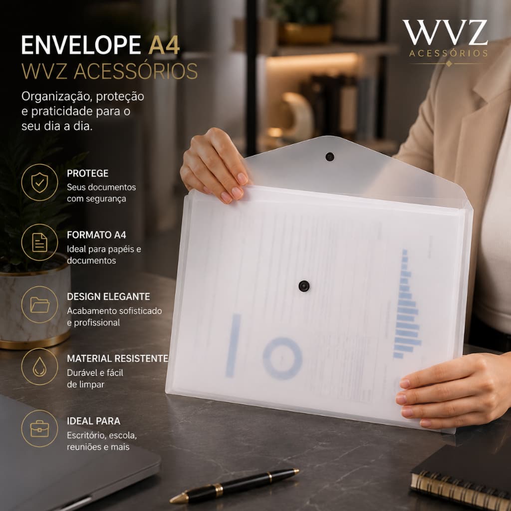 Envelope A4 com Botão Porta Documentos PP Arquivos Pasta Ofício Preto Transparente