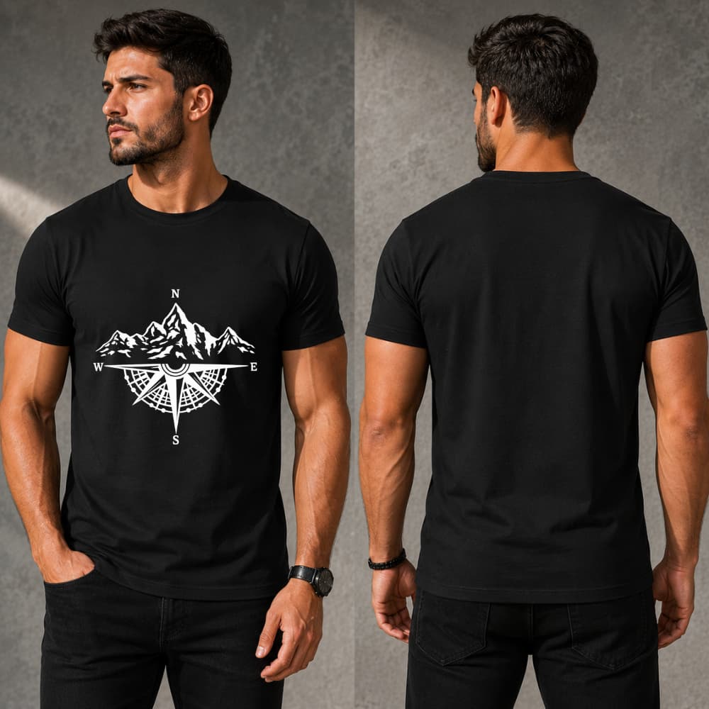 Camiseta Masculina Hiking Trekking | T-Shirt Montanha e Bússola 100% Algodão | Camisa Casual Adventure