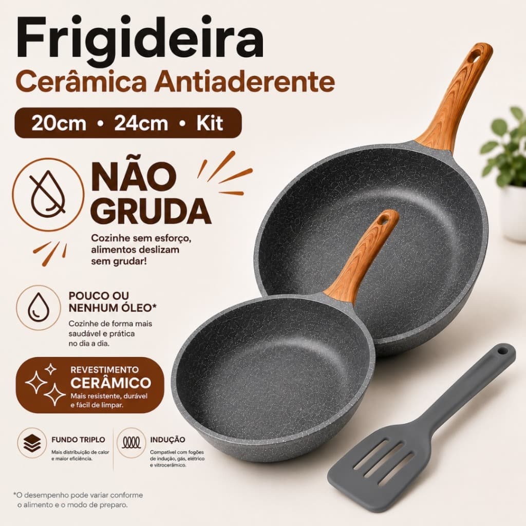 Frigideira Cerâmica Antiaderente Granito Cinza Fundo Triplo Indução Não Gruda 20cm 24cm