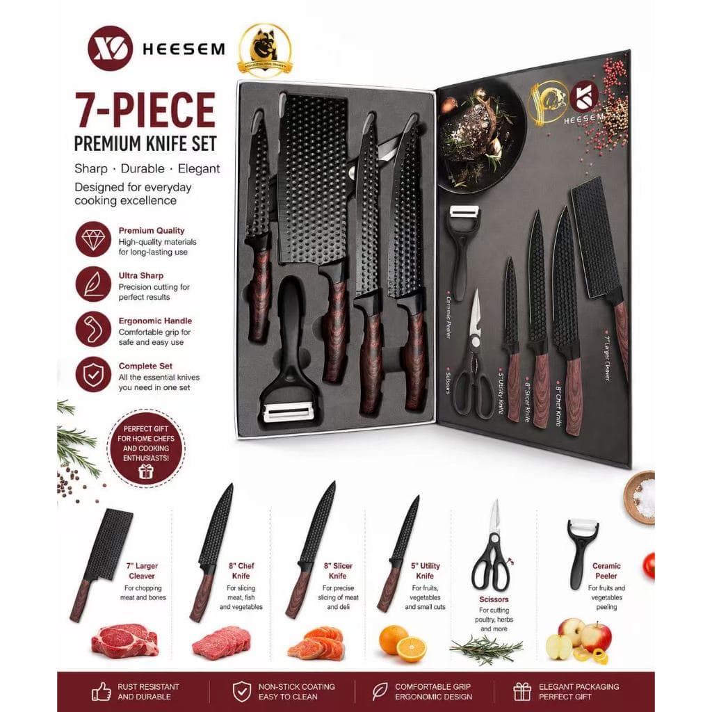 kit facas cozinha heesem 7 em 1 facas chef faca de corte tesoura descascador presente utensilio domestico