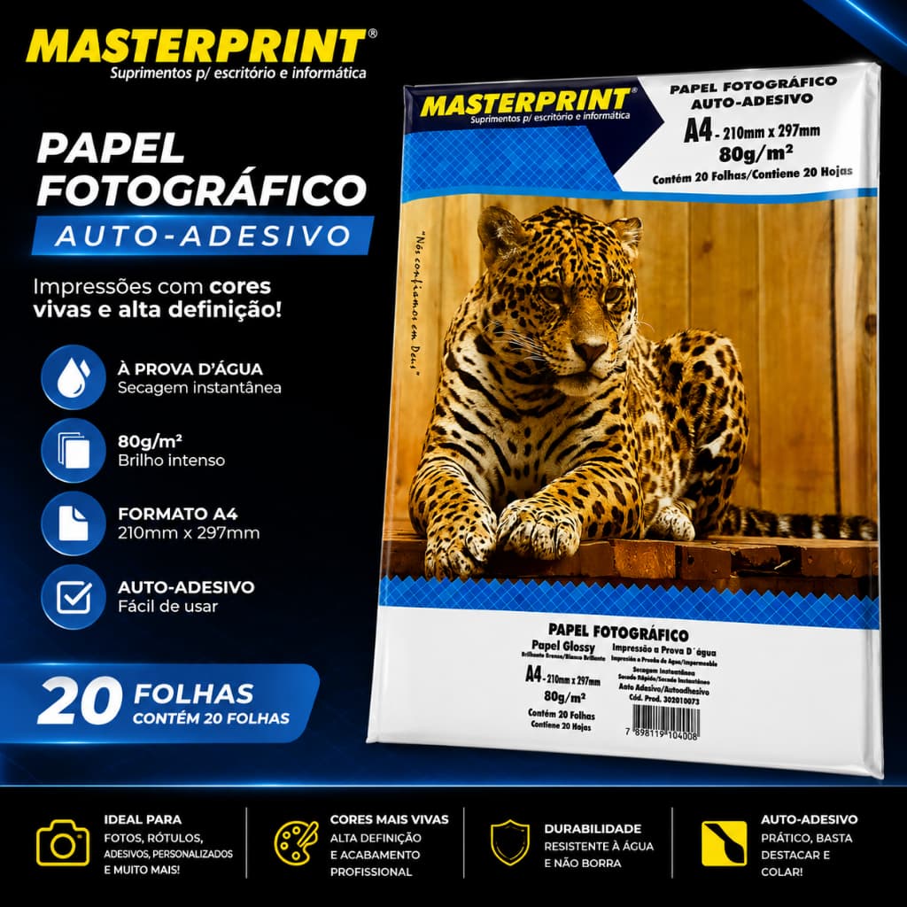 Papel Fotográfico Glossy (brilhante) ADESIVO 80g A4 foto MASTERPRINT PREMIUM
