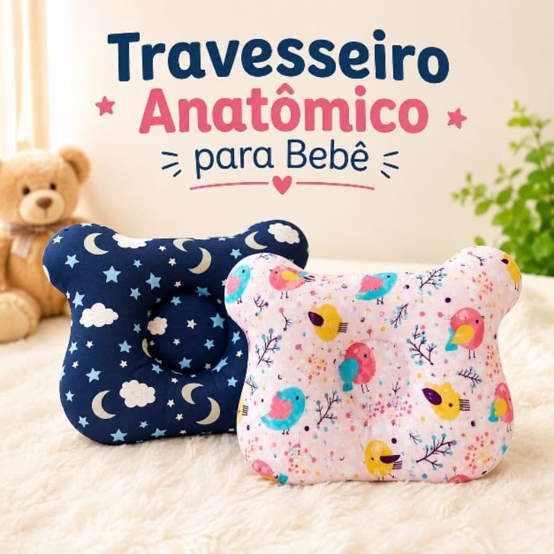 Travesseiro anatômico para bebê, formato urso várias estampas, recém nascido, macio confortável