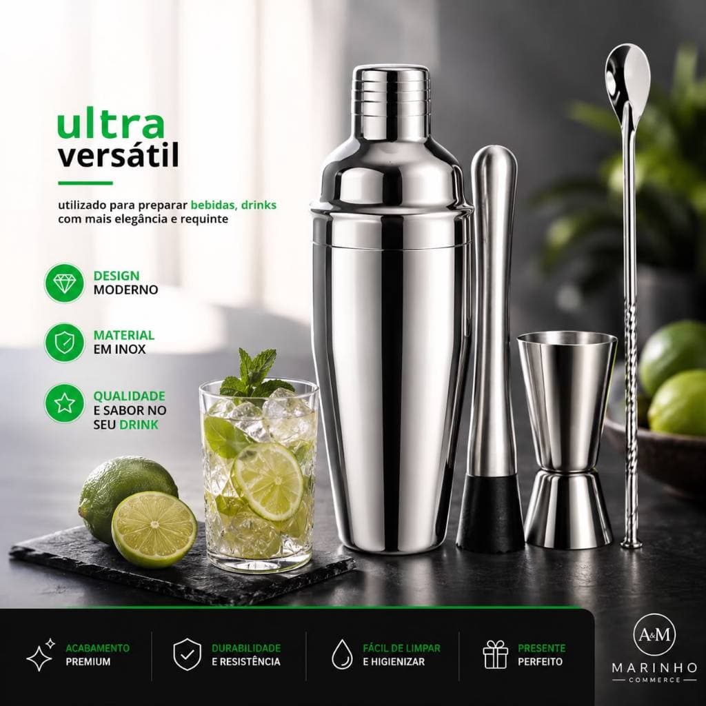 Coqueteleira Kit Inox Colher de Suco Amassador Dosador Duplo Premium Bartender Barman