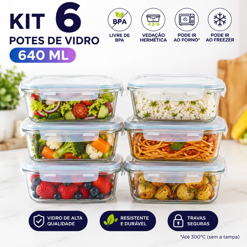 Kit 6 Potes Herméticos de Vidro 640ml Retangular Tampa Hermética para Alimentos