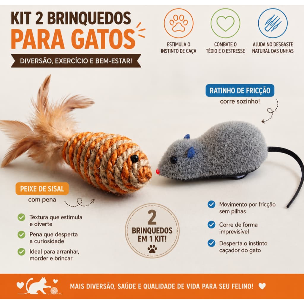 Kit Brinquedo para Gatos Ratinho de Fricção + Peixe de Sisal com Pena