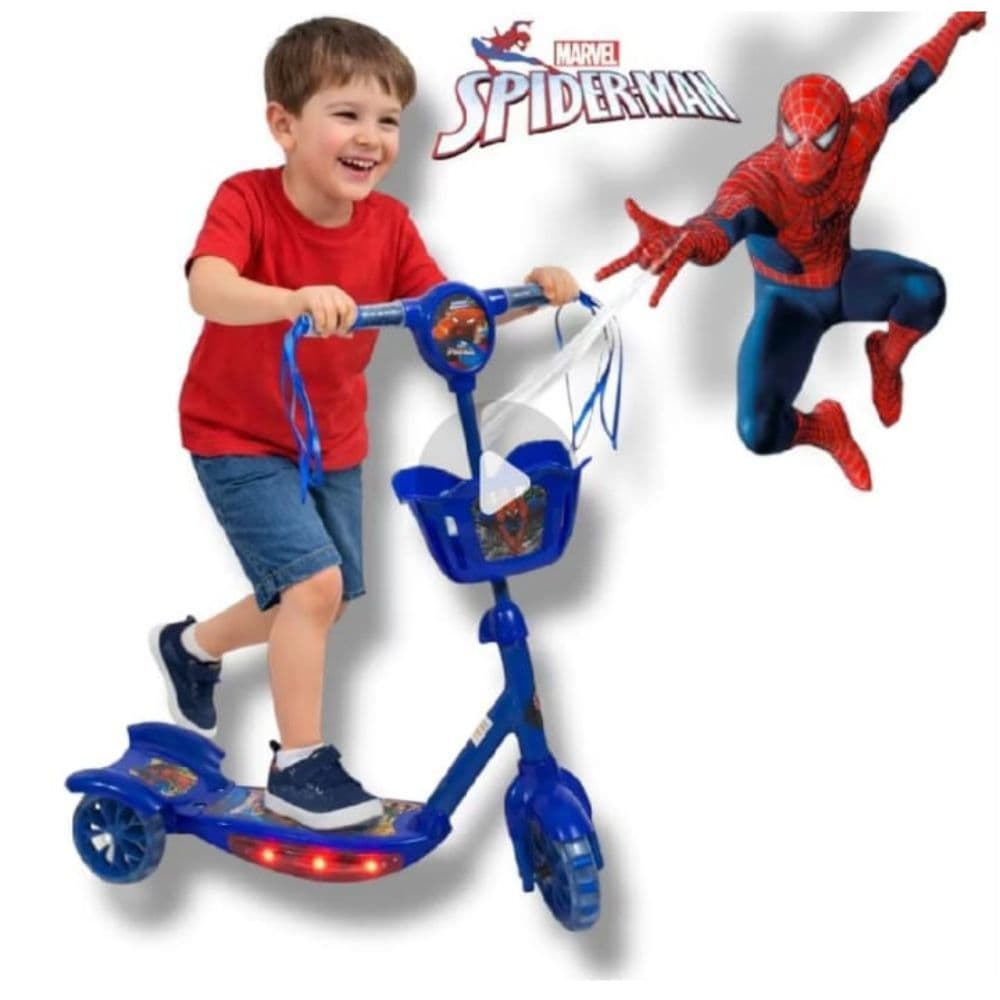 Patinete Novo Homem Aranha Azul 3 Rodas Musical e Luz na Lateral+Promoçao