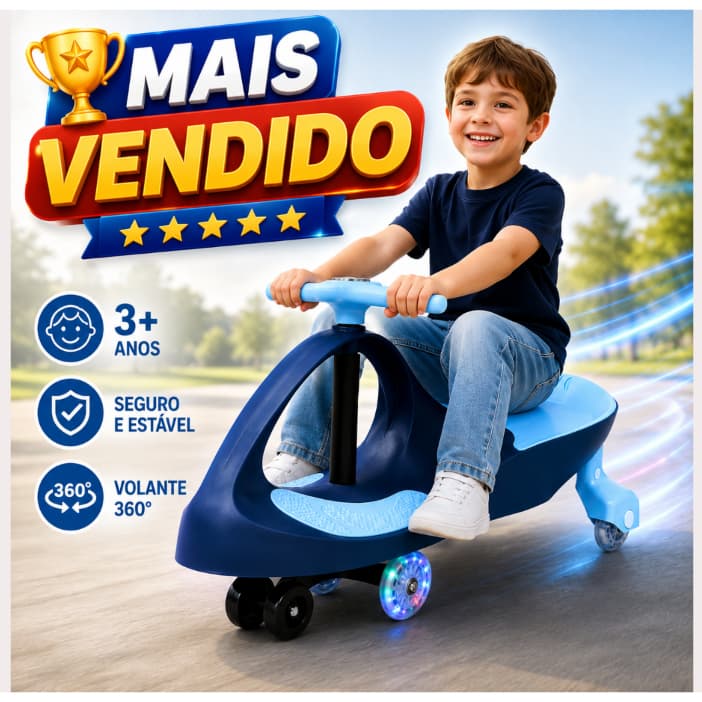 Carrinho Infantil Super Car Azul com Volante 360°, Rodas LED, Suporta 100kg 3 a 7 Anos