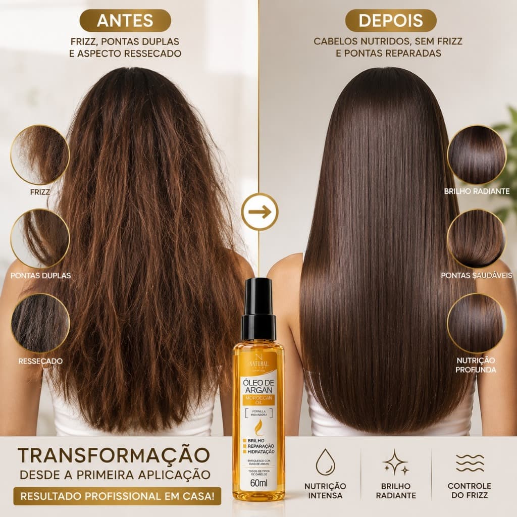 Óleo de Argan Profissional 60ml Reparação Imediata, Brilho Intenso e Nutrição dos Fios