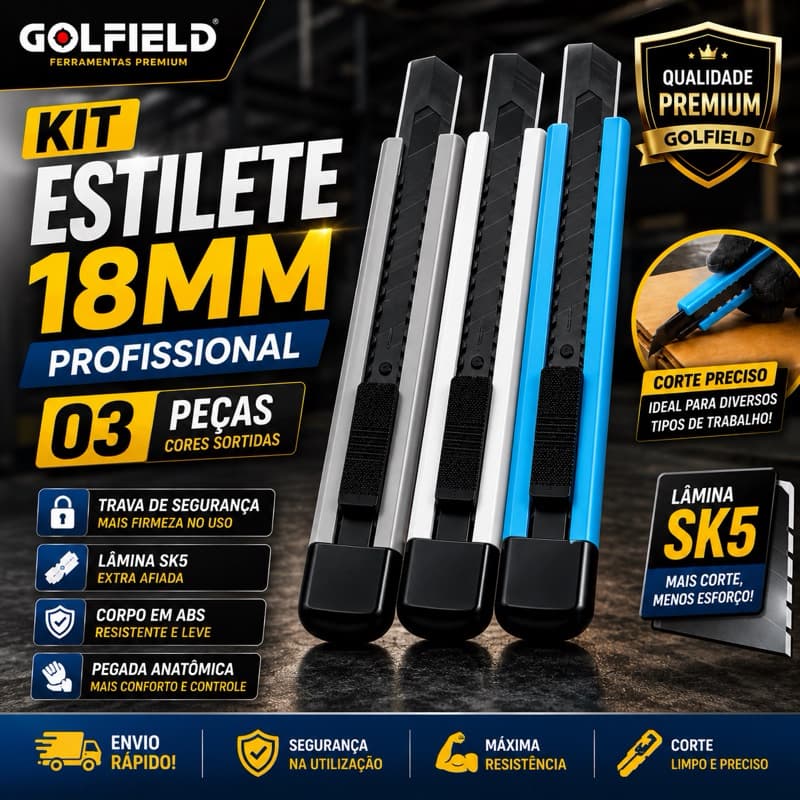 Kit Estilete Profissional 18mm Golfield Com Trava Lâmina SK5 Extra Corpo EM ABS Reforçado Multiuso