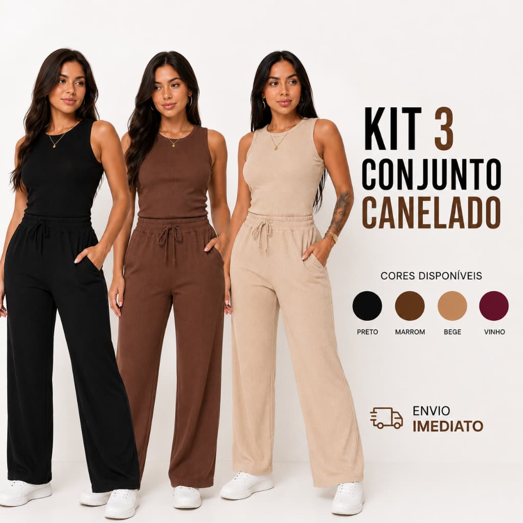 Kit 3 Calça Wide Leg Pantalona Bolsos + Regata Plus Feminino Moda Verão Inverno Elegante