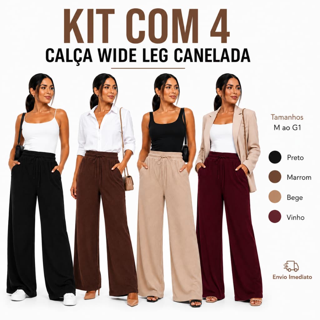 Kit 4 Calça Wide Leg Canelada Pantalona Com Bolsos Lisa Feminino Cintura Alta Cordão Confortável