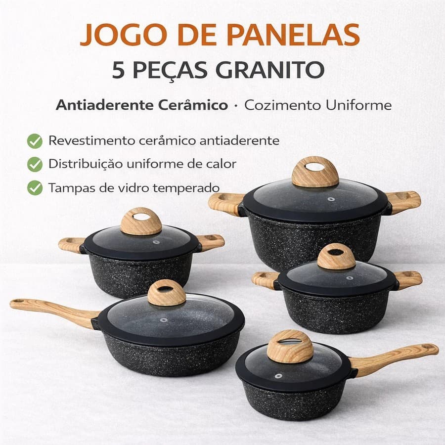 Conjunto Panelas Profissional 5 Peças C/ Tampas Cerâmica Antiaderente Granito Preto Original