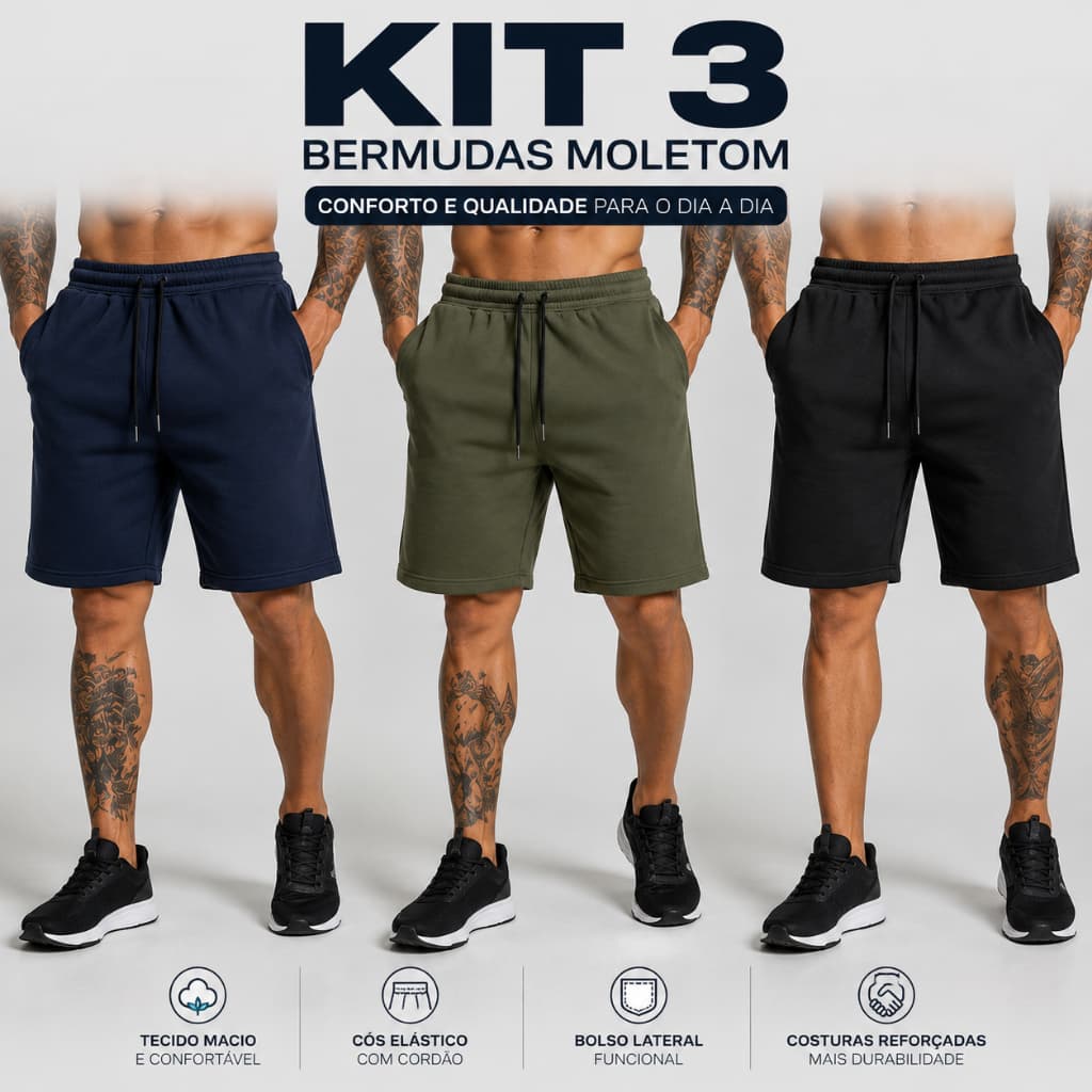 Kit 3 Bermudas Moletom Masculina Academia Casual  Dia Dia
