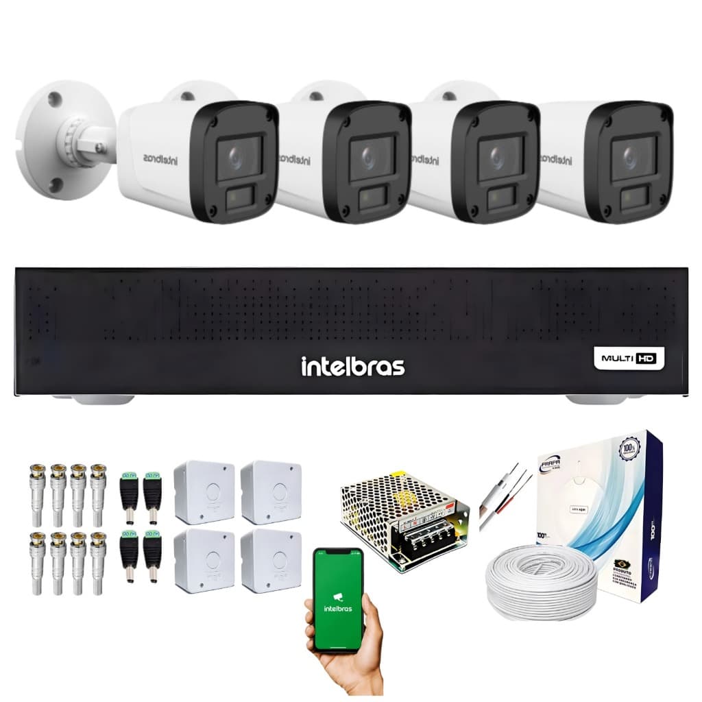 Kit 4 Câmeras intelbras Full color Resolução FullHD 1080p + Dvr 4 Canais MHDX 1204C DA Intelbras + HD 500GB + Acessorios