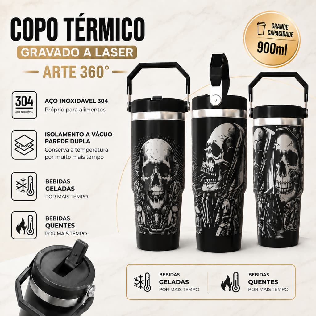 COPO TÉRMICO GARRAFA ARTE 360º GRAUS COPO INTEIRO TEMA: CAVEIRA MOTO MOTOCLUBE MOTOCICLISTA