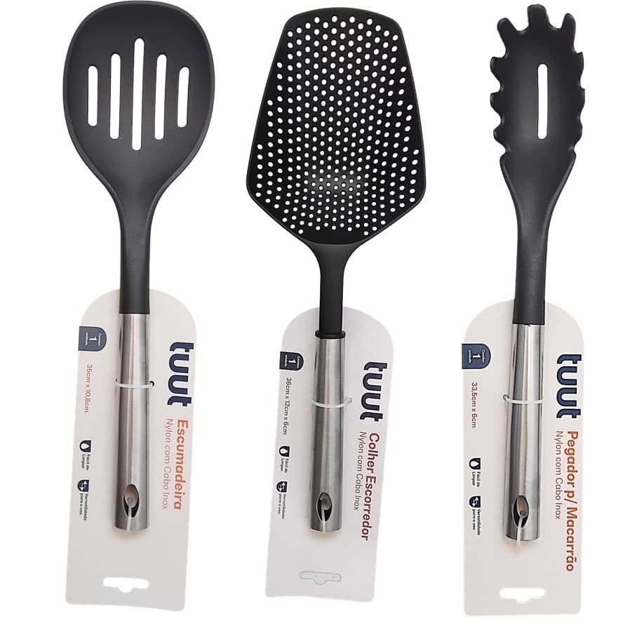 Utensilio De Cozinha Escumadeira Pegador De Macarrão Colher Escorredor Cabo Em Aço Inox Corpo Nylon