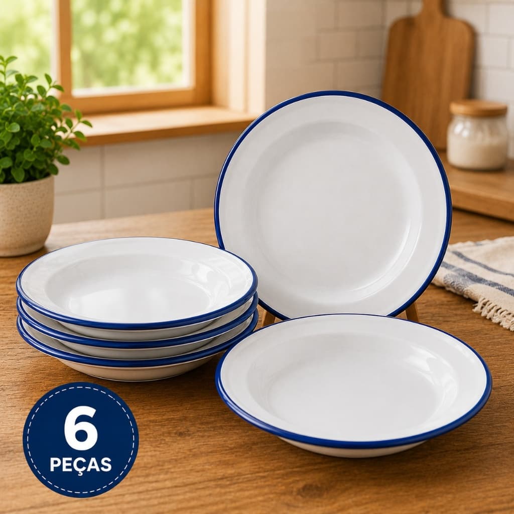 Kit 6 Pratos Esmaltados Brancos Alumínio 22cm Cozinha Yazi Sopa Acampamento borda azul