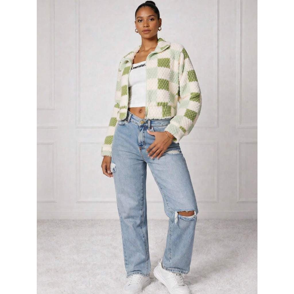 Blusa Feminina Inverno Peluciada Xadrez Teddy – Jaqueta Casual Confortável Moda Feminina Estilosa