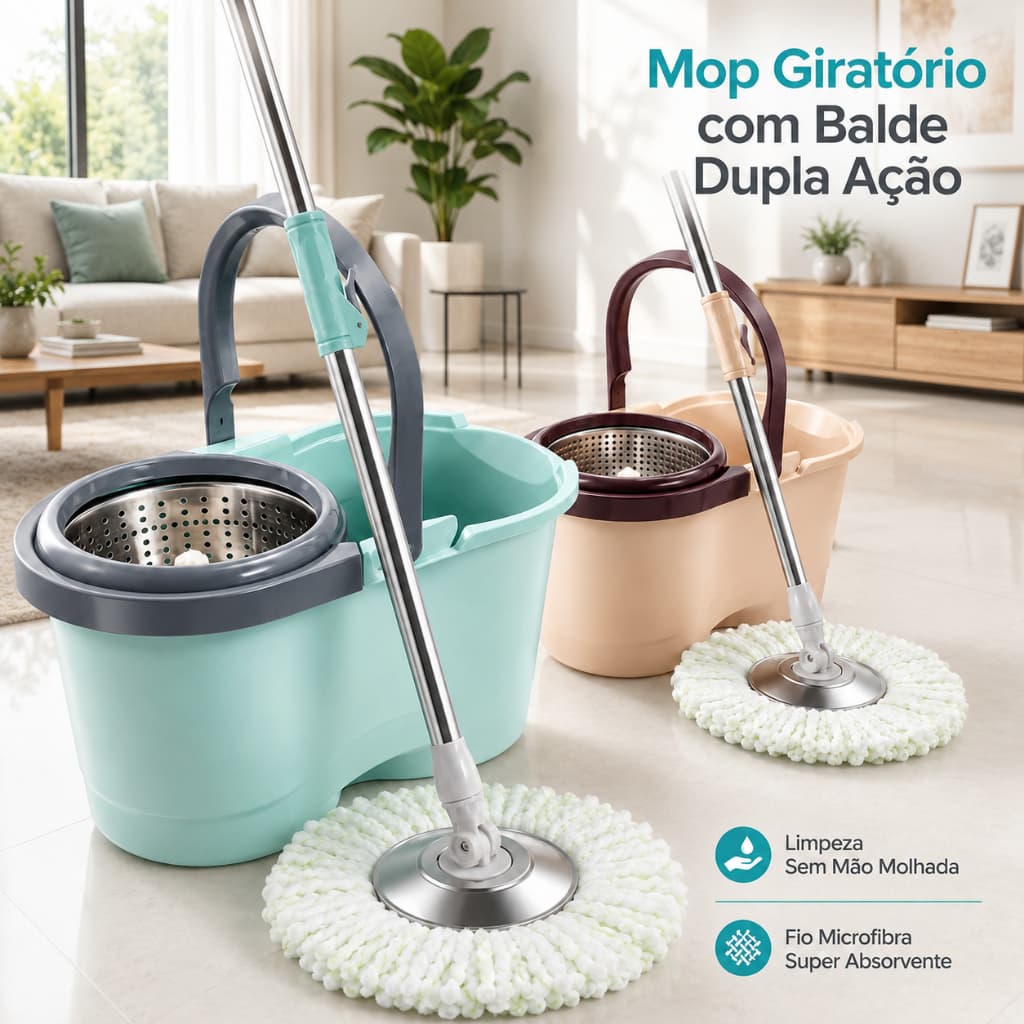 Mop Girátorio -Cabo aço Inox Cesto aço Inox com balde