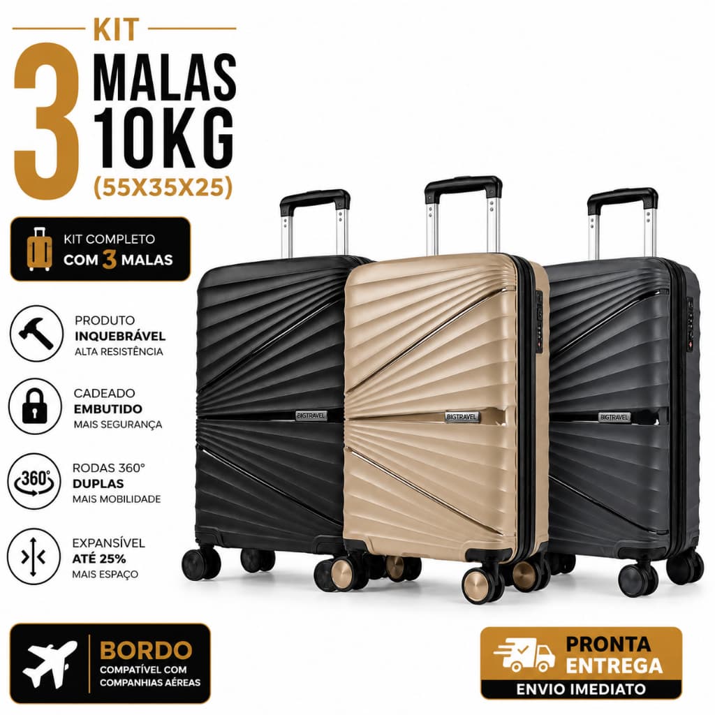 Kit 3 Malas Viagem de Bordo 10kg Expansível Rodinhas 360° Avião Anac