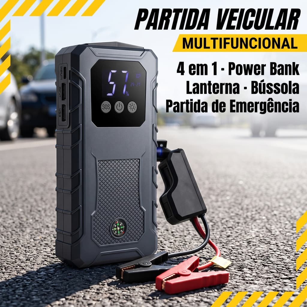 Auxiliar de Partida Veicular 4 em 1 com 10000mAh – Power Bank e Lanterna para Emergências
