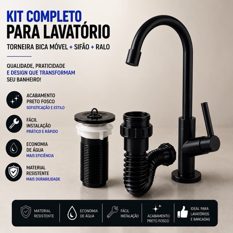 Kit Torneira Banheiro Preto 1/4 + Válvula Ralo 7/8 Pia + Sifão Universal 72cm Lavabo Lavatório