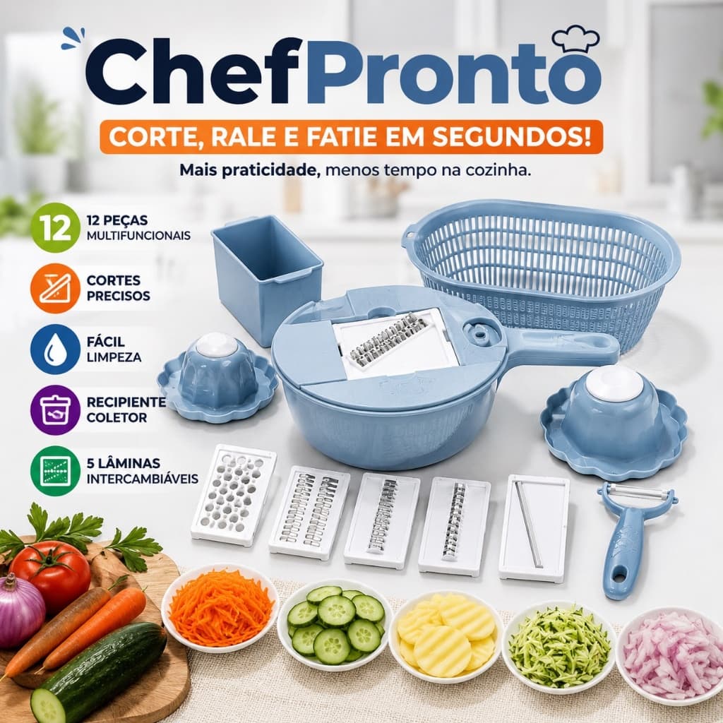 Kit Ralador e Fatiador de Legumes Multifuncional ChefPronto 12 Peças com Descascador e Cesto