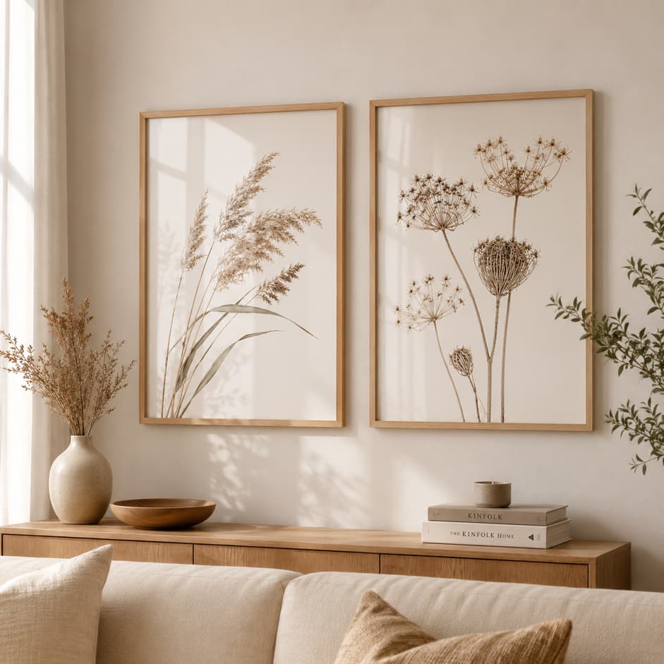 Kit DUO De Quadros Decorativos Sala Hall Plantas Secas Capim Pampas Botânico Tons Neutros Boho Minimalista