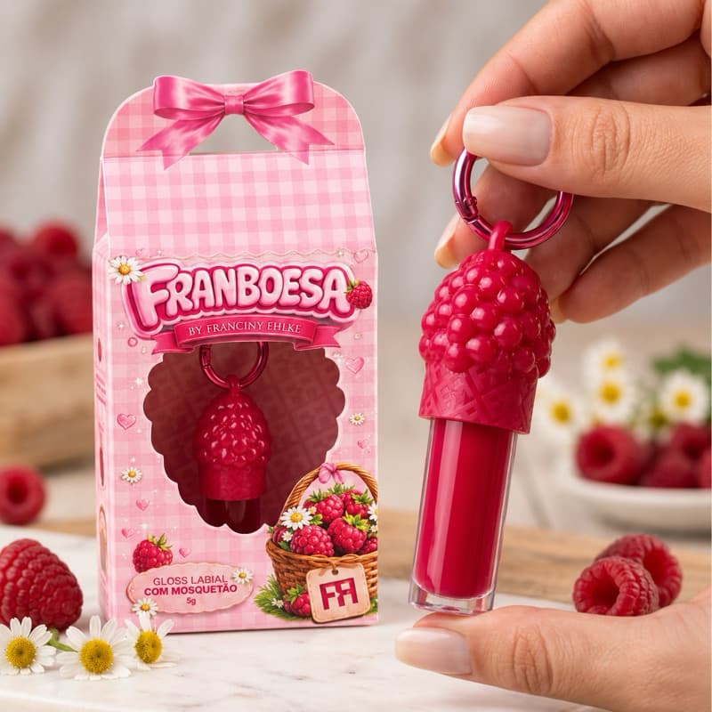 Gloss Labial Framboesa 5g com Chaveiro Brilho Intenso Hidratante