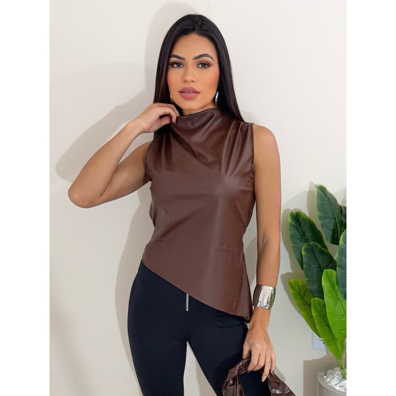 Blusa Feminina de Couro Fake Assimétrica Gola Alta | Courino Premium Elegante tendência 2026 Elisa